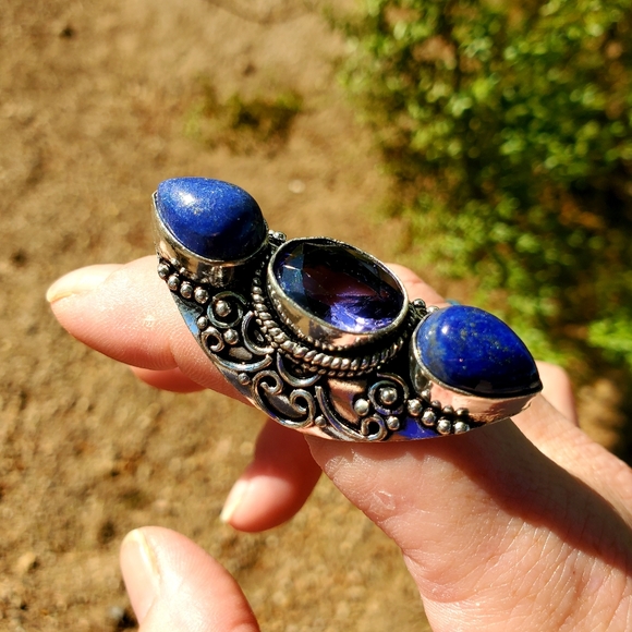 New Amethyst and Lapis Lazuli 925 Silver Statement Ring. - Picture 13 of 16